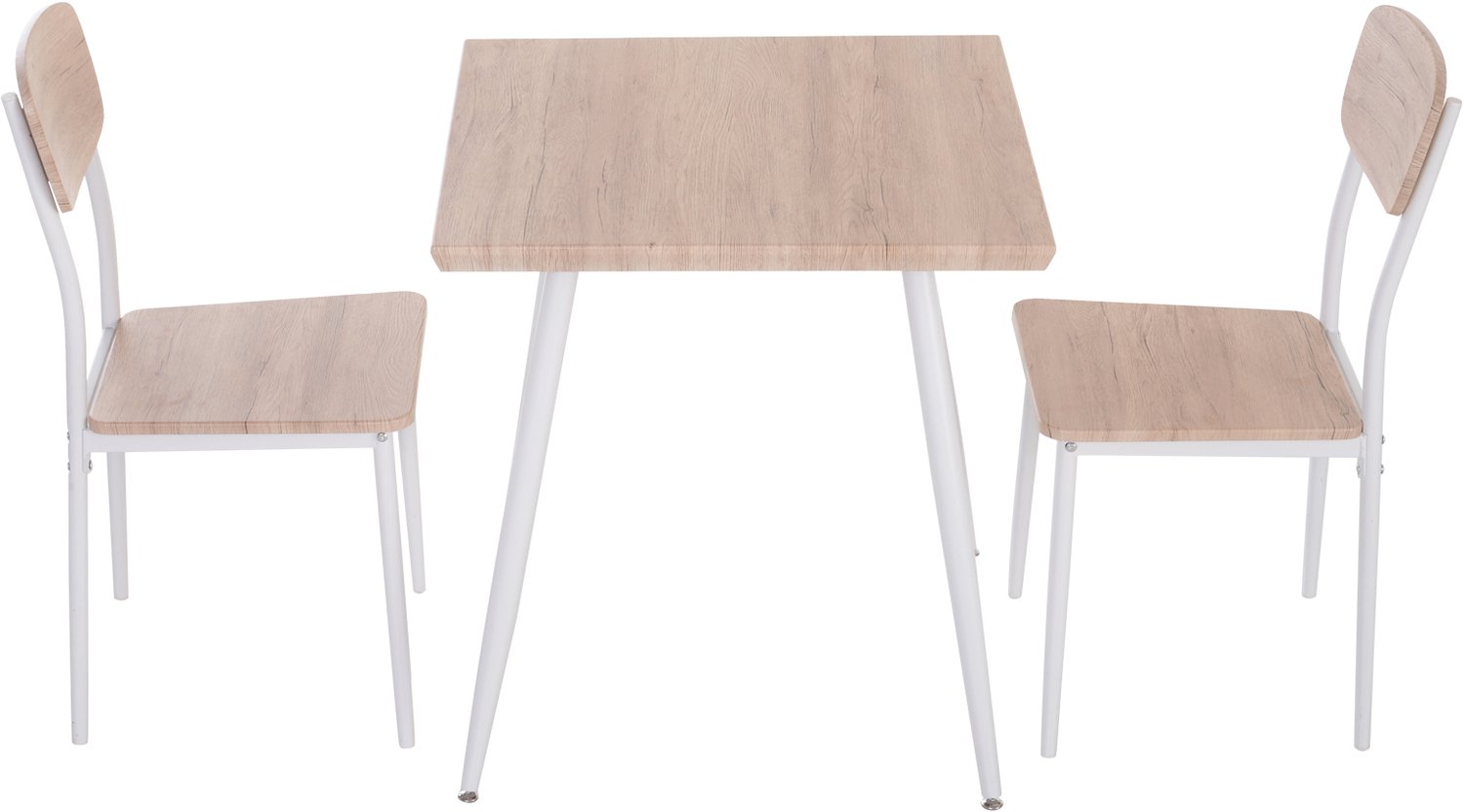 3-delige eettafelset, metalen frame, eettafel met 2 eetkamerstoelen, eenvoudig ontwerp, praktisch en decoratief, geschikt voor keuken, eetkamer en kleine bar thuis, tafel 70×70×76 cm, stoelen 48×39,5×88,5 cm, houtkleur en wit