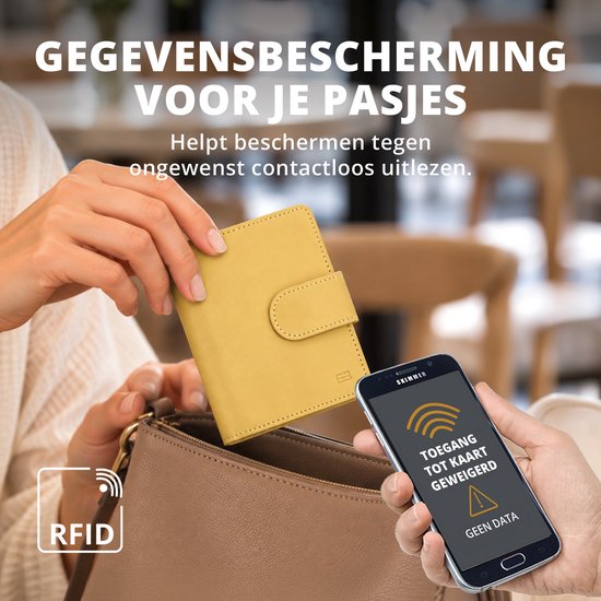 Persoon die een botergele portemonnee tegen een smartphone houdt met de melding 'Toegang tot kaart geweigerd'.