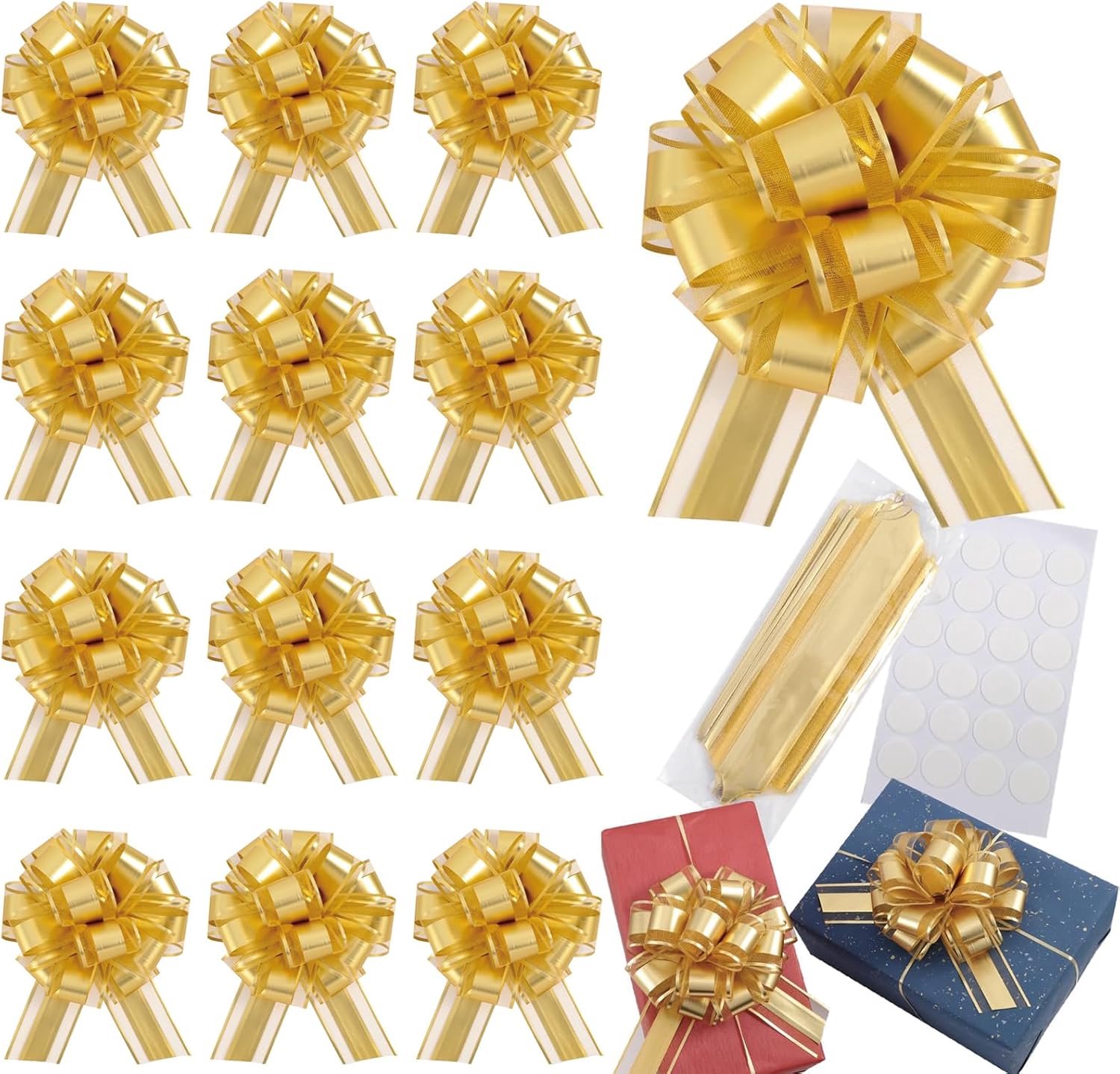 Grote geschenkstrikken 12 stuks - organza met gouden rand - bloemvormig - voor cadeaus - Vemera