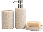 MOSI Home - Badkamerset Beige - RVS Zeepdispenser, Zeepbakje & Tandenborstelhouder - 3-delige Badkamer Accessoires - Resin