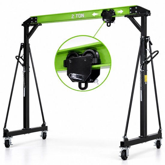 Groen-zwarte mobiele portaalkraan voor 2 ton met verstelbare hoogte en detailweergave van de loopkat.