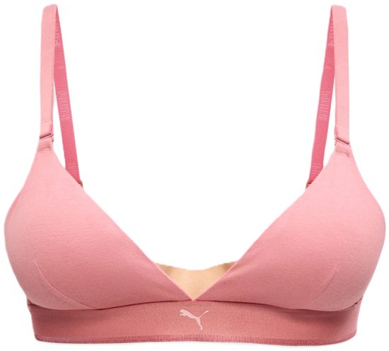 Roze PUMA driehoek-beha met verstelbare bandjes en PUMA-logo op de elastische onderband.