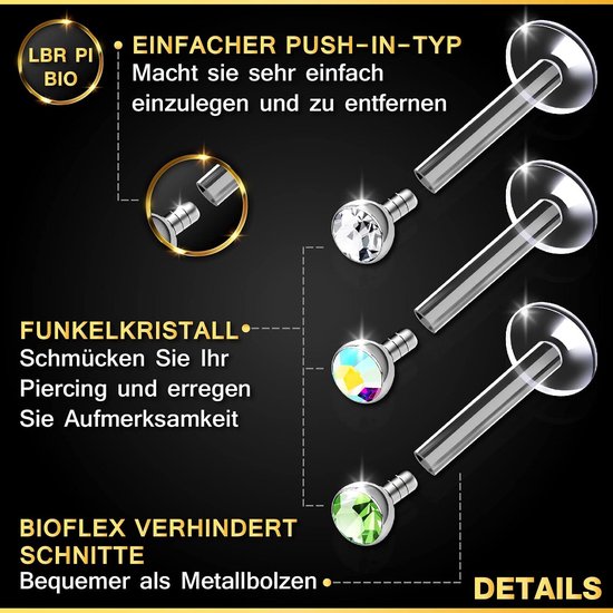 3 Stuks doorzichtige bioflex labret 1,2 mm 16g kristallen bol — afbeelding 2