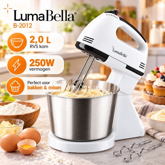 LumaBella B-2012 Handmixer met Mengkom en Standaard – 2 Liter RVS Mengkom – 250W – 7 Snelheden + Turbofunctie – Inclusief 2 Gardes en 2 Deeghaken – Wit van LumaBella — afbeelding 2