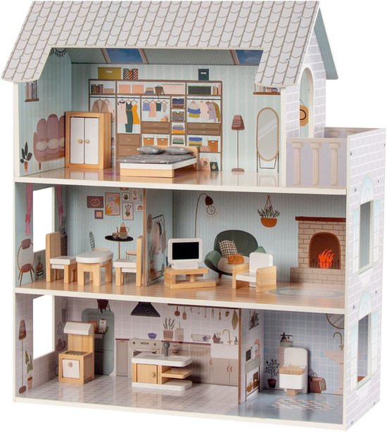 Houten poppenhuis met drie verdiepingen, volledig ingericht met houten meubels.
