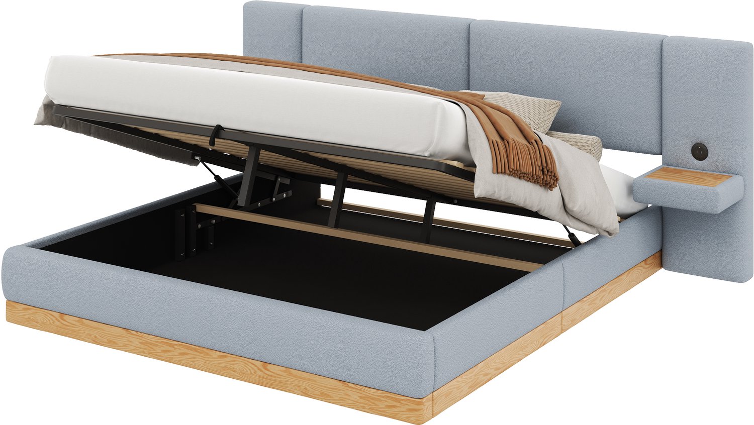 Merax Hydraulisch bed met opbergruimte 140x200 cm - met plank in hoofdbord - USB-poort - grijs/hout