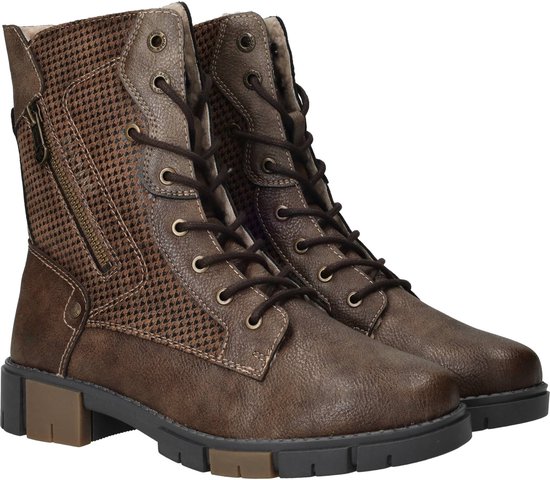 Bruine Mustang veterboots met rits, houndstooth patroon en donkere profielzool.