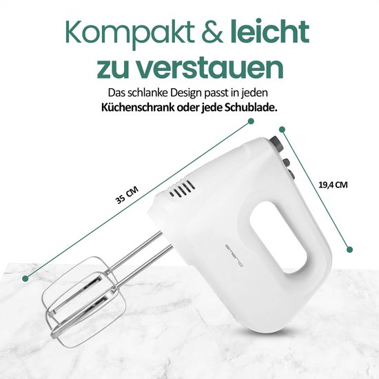 HM-124178 Elektrische handmixer, handmixer, 250 watt, 6 snelheden en turboknop, extra lange garde + kneedhaak van roestvrij staal (vaatwasmachinebestendig) — afbeelding 5