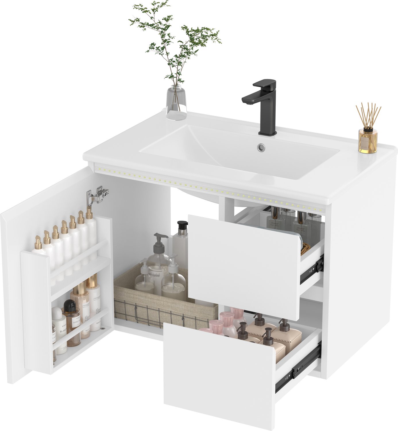 Wastafelkast - Wandhangend Badkamermeubel Met Wastafel, 2 Deuren En Lades - Radarverlichting En Verstelbare Legplank - Wit MDF, 76 × 46 × 50 cm