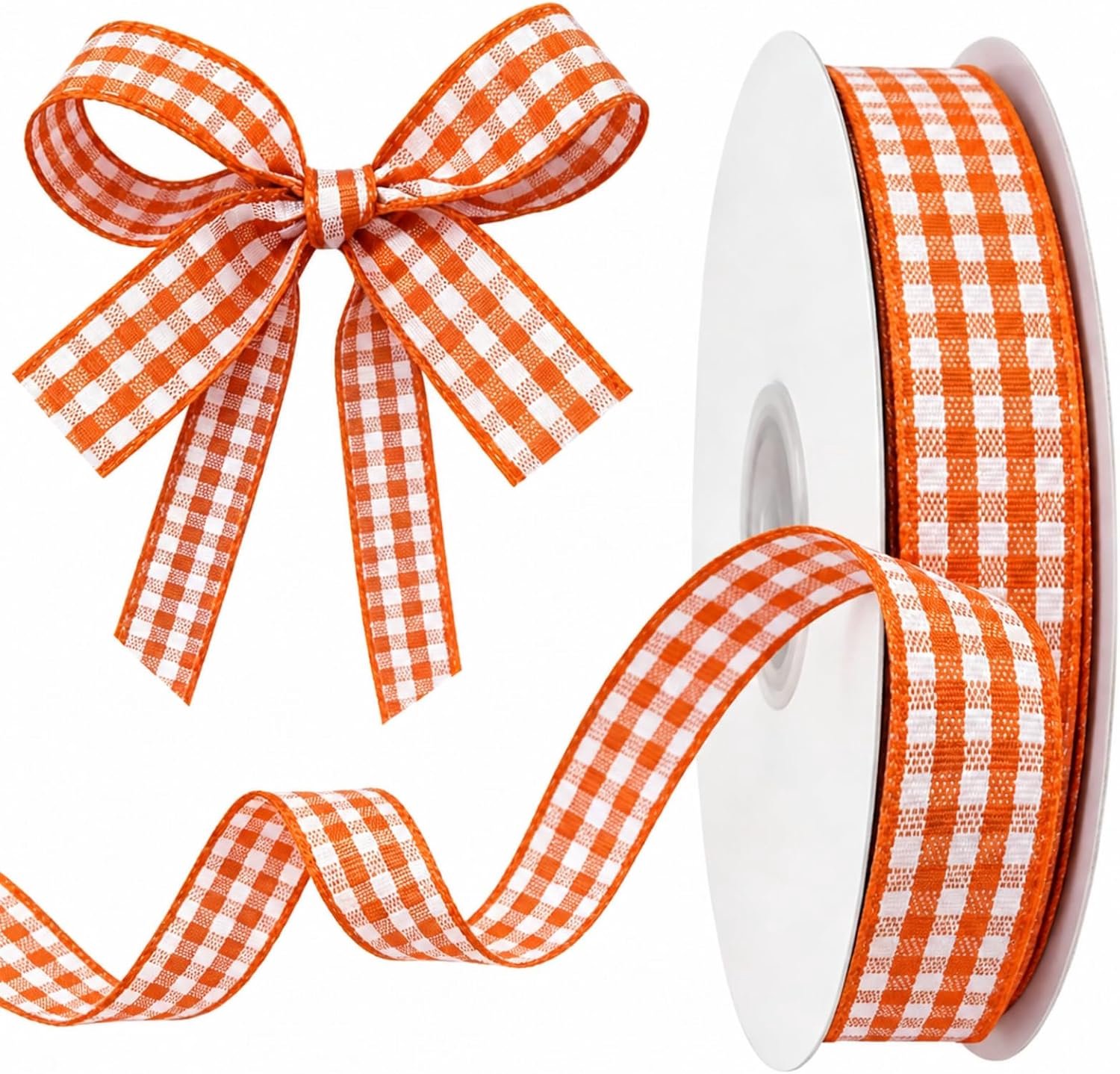 Kerstband met ruitjes voor cadeaus en decoratie (oranje en wit, 10 mm x 45 m)