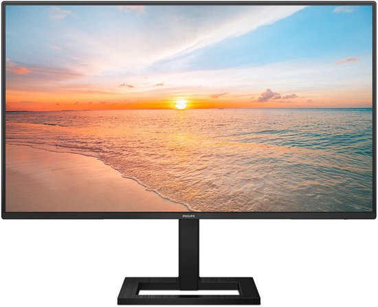Philips 27-inch QHD IPS-monitor met dunne zwarte randen en een strakke zwarte standaard, toont een zonsondergang op zee.