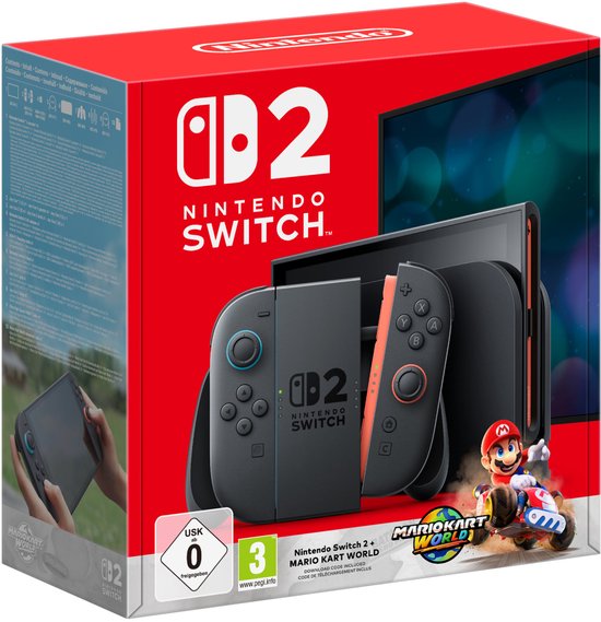 Nintendo Switch 2 Mario Kart World bundeldoos, inclusief console, Joy-Cons en downloadcode voor Mario Kart World.