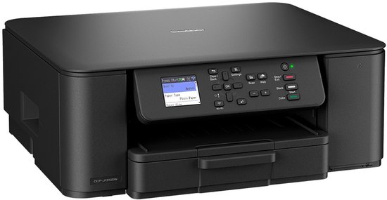 Zwarte Brother DCP-J1310W inkjetprinter met lcd-scherm, fysieke bedieningsknoppen en papierlade aan de voorzijde.