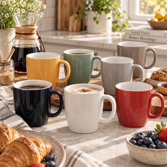 Collectie kleurrijke 5Five koffiemokken op een keukentafel met croissants en koffie.