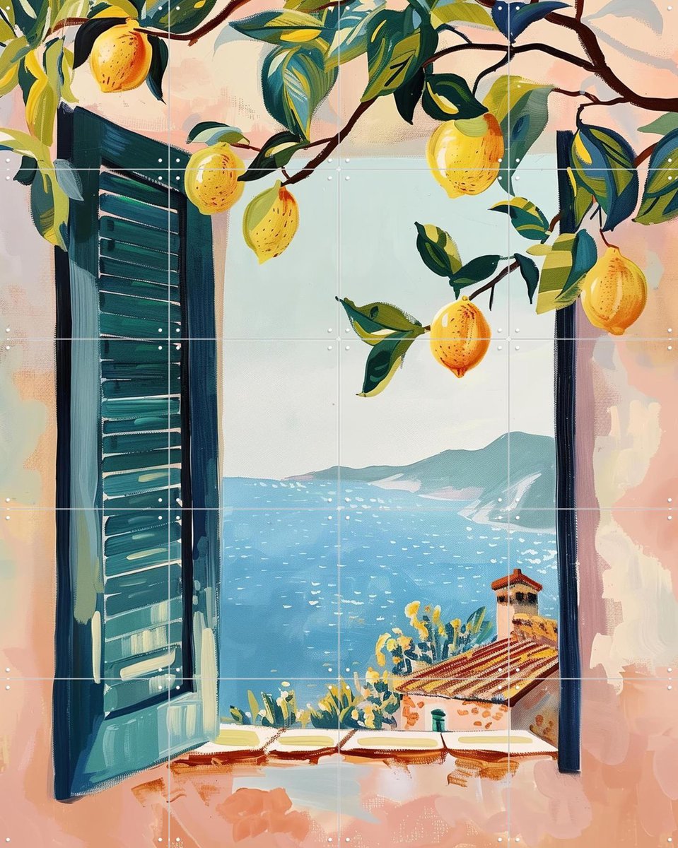 IXXI Lemon Window, Branka Kodžoman - 80 x 100 cm - Gratis ophangtool - Grote wanddecoratie en posters - Kwaststreken, Modern, Kleurrijk, Woonkamer
