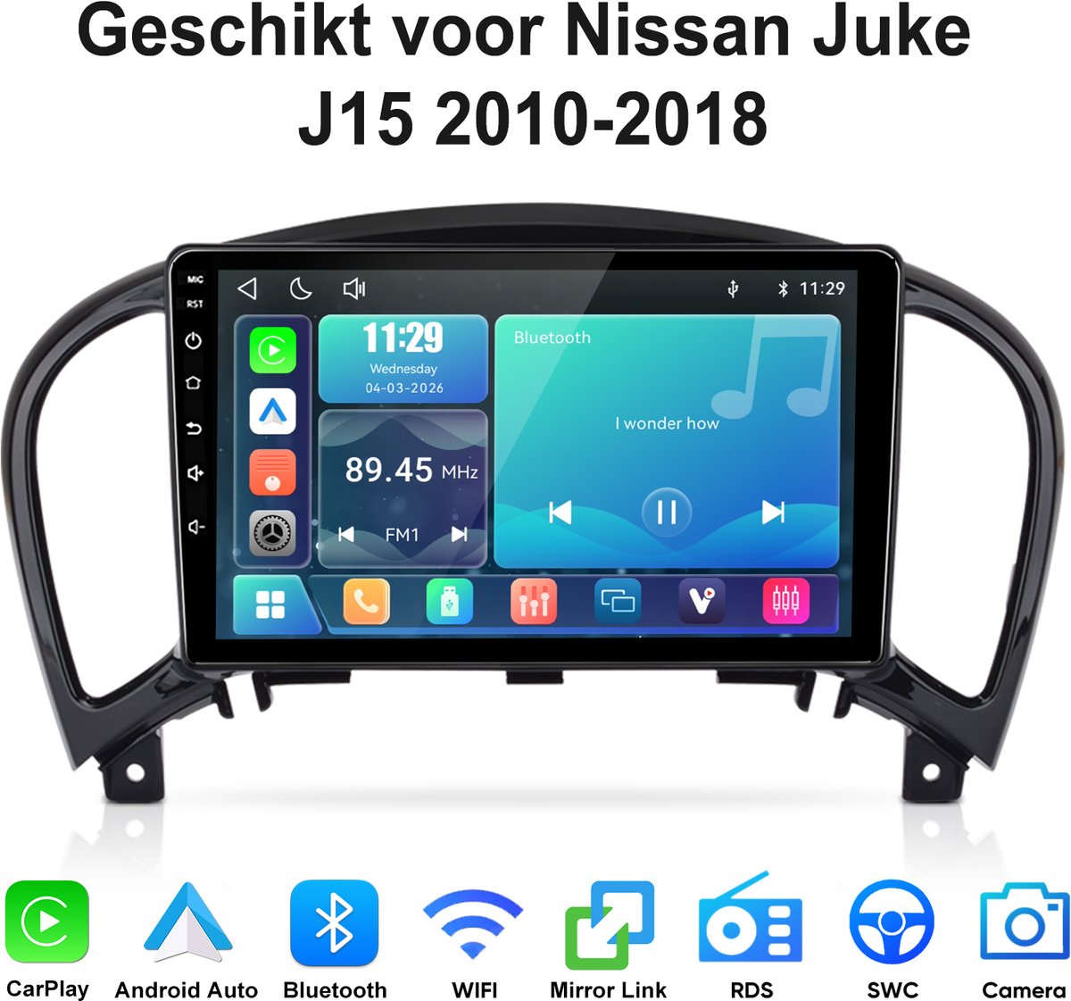Junsun Linux Draadloos Carplay & Andriod Auto Radio Geschikt voor Nissan Juke J15 2010-2018 - 9 Inch HD TouchScreen - Bluetooth - Navigatie- WiFi - Stuurwielbediening - FM - RDS