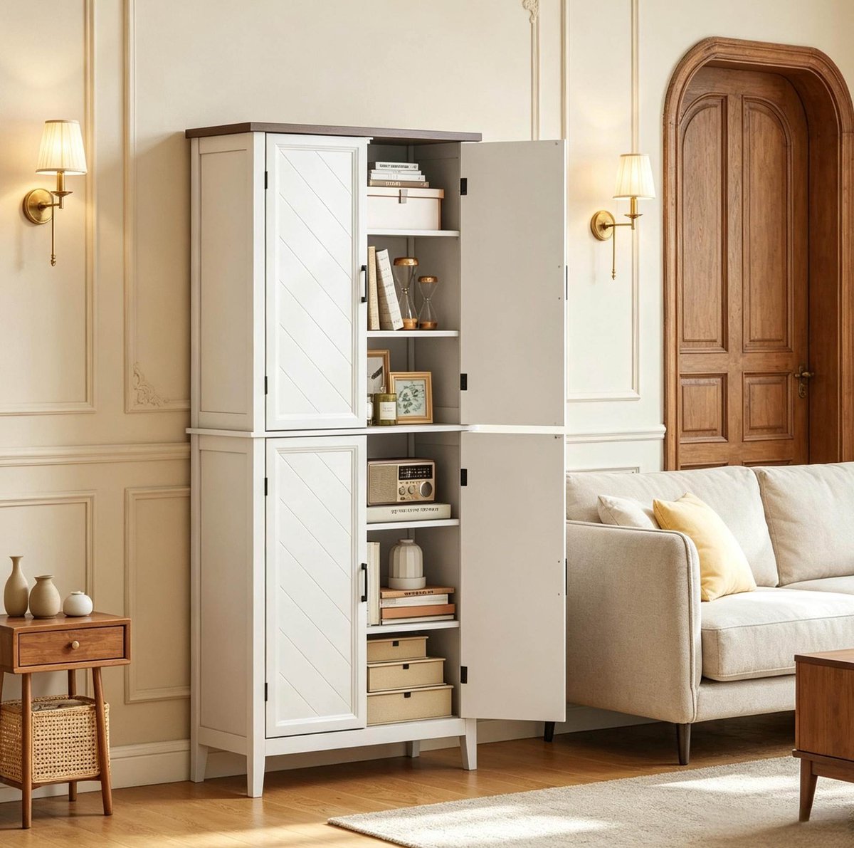 HAUSS SPOLE Keukenkast - Hoge Buffetkast Met Vier Deuren En Verstelbare Planken - Voor Keuken En Eetkamer - MDF - 76x40x178,5 Cm - Wit