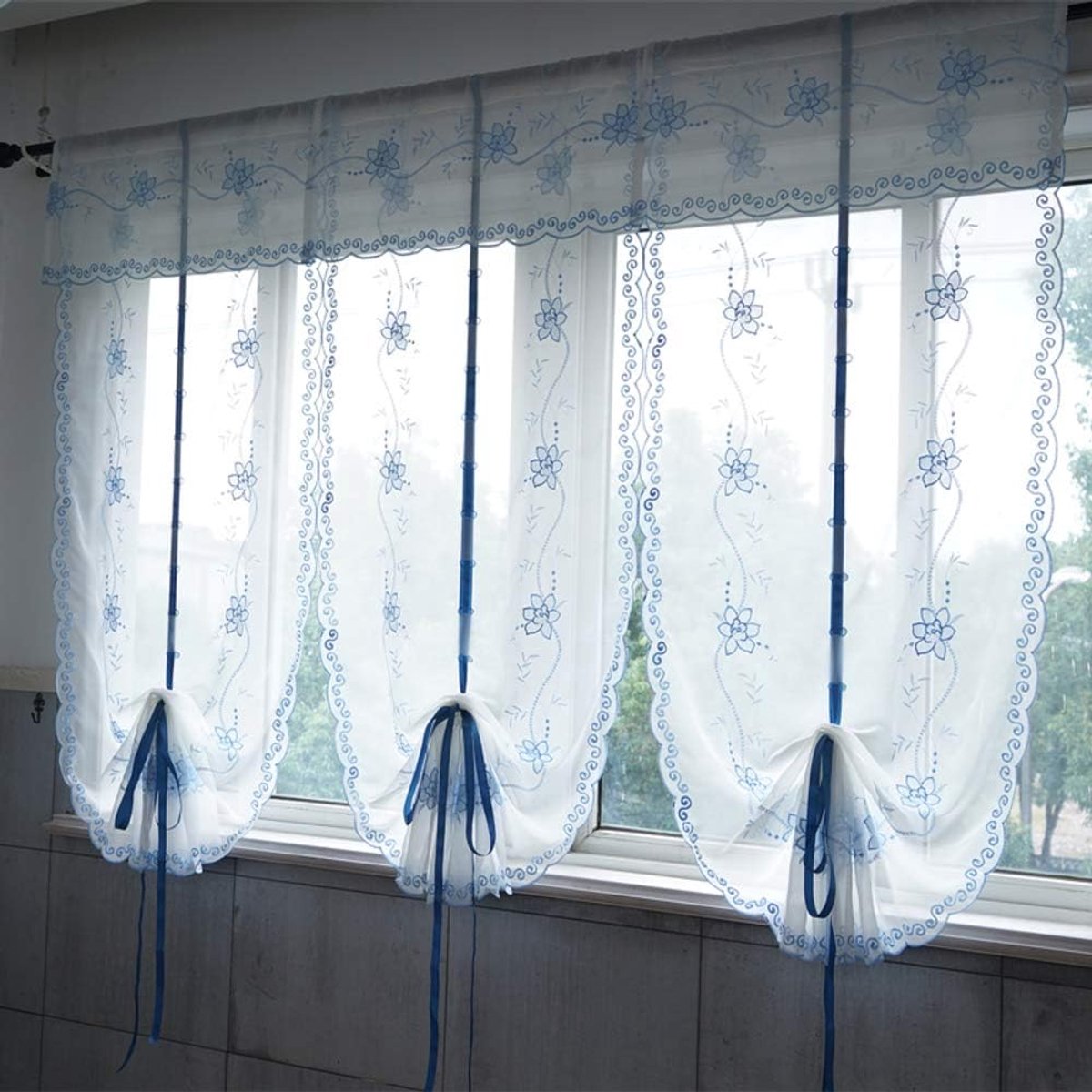 Gordijnen/Romeins Gordijn, Pastoraal/blauw/hefgordijn/ballon gordijn/voor woonkamer/balkon/keuken/scheidingswand/decoratief/haken up-Wit. 300 * 60cm