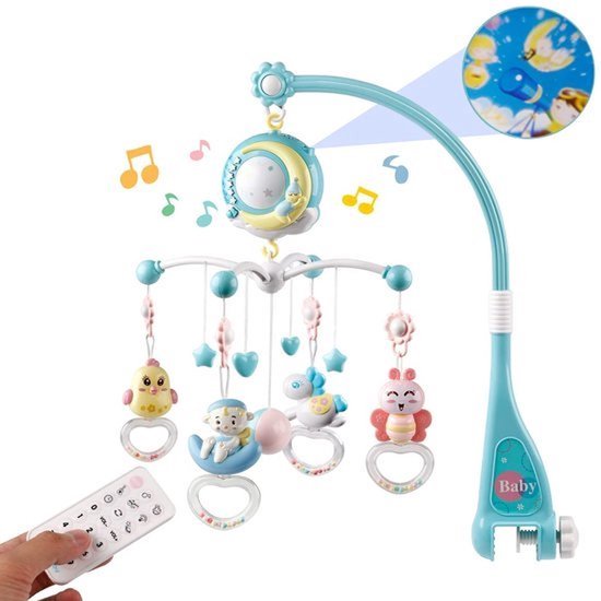 Blauwe babymobiel met muziekdoosje, afstandsbediening en rammelaars met babyfiguren, kip en paardje.