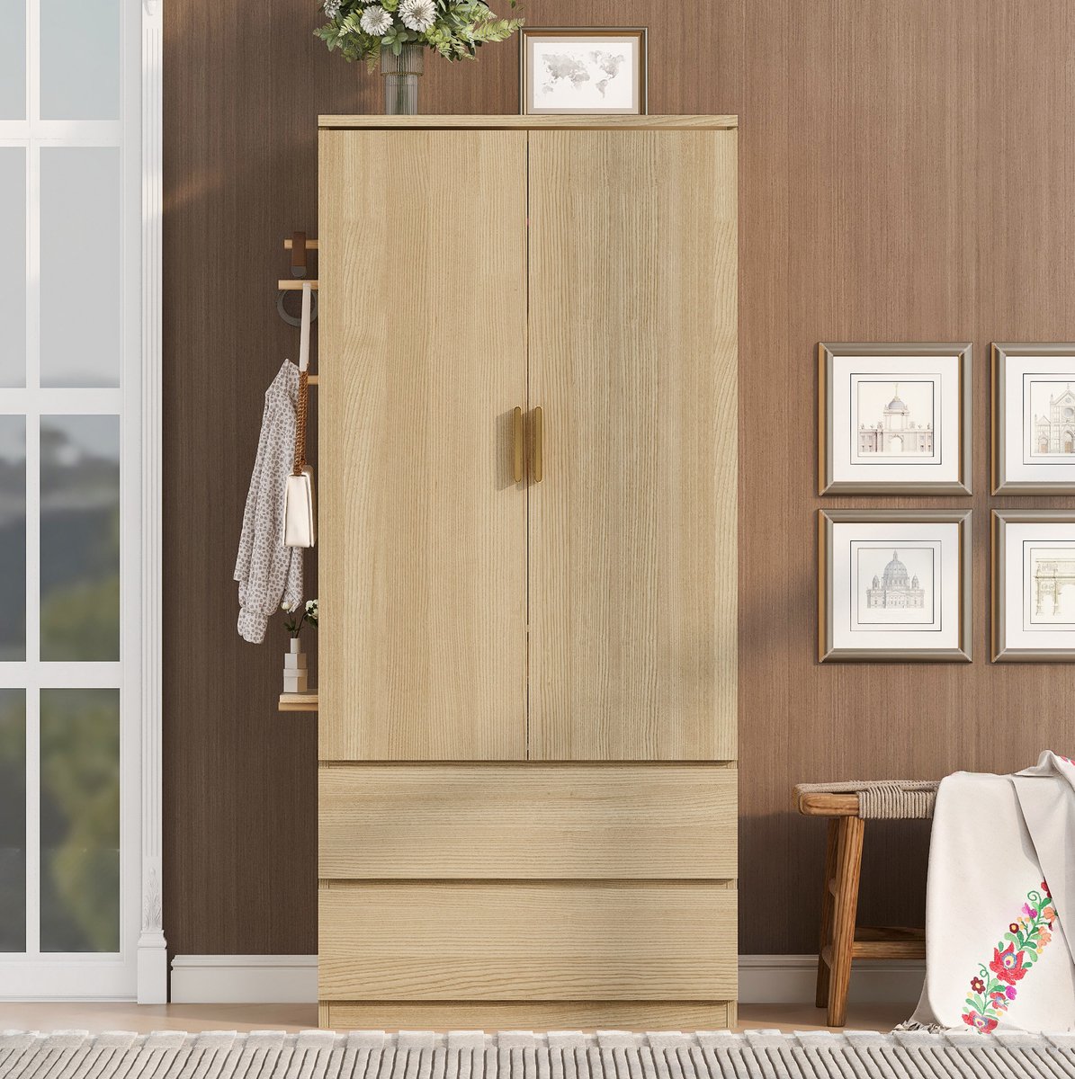 DESMIU Kledingkast Met Twee Laden En Zijpaneel Met Gaten Voor Slaapkamer En Kinderkamer MDF En Multiplex 70x50x170 Cm Houtkleur