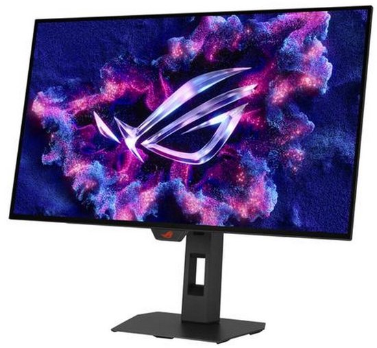 Monitor met RGB-verlichte ROG-logo en paarse, roze en blauwe explosie op het scherm.