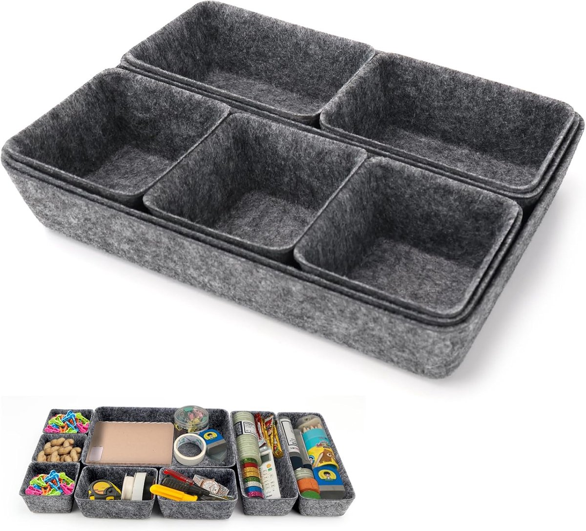 Set van 8 vilten lade-organizers, stapelbare opbergdozen, lade-organizer, lade-inzet voor bureau, nachtkastje, make-uptafel, slaapkamer, kantoor (8)