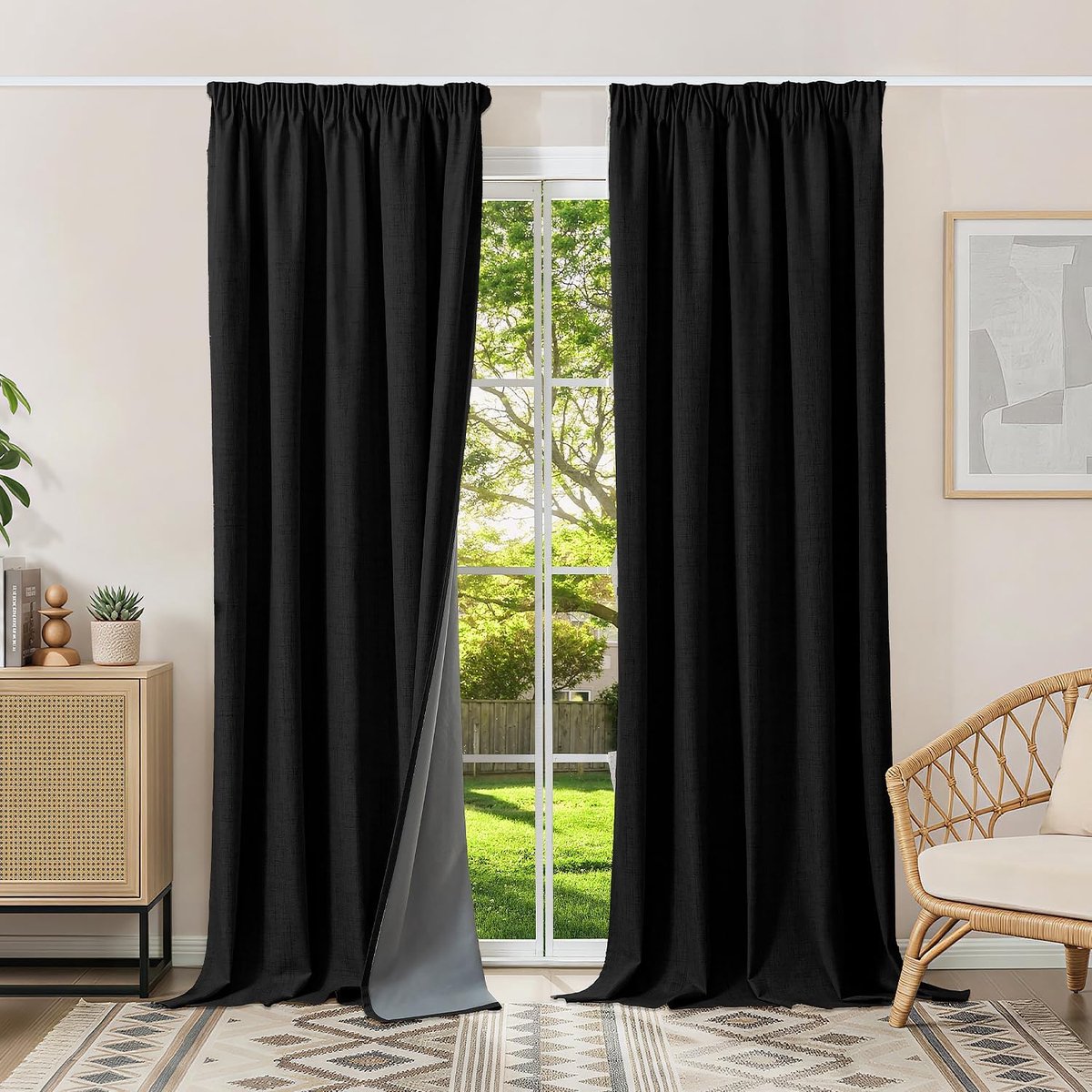 100% verduisteringsgordijnen, thermische gordijnen, koudebescherming, gordijnen met plooiband, 260 x 140 cm (h x b), set van 2, linnenlook, gordijnen, ondoorzichtig, zwart, schuifgordijnen