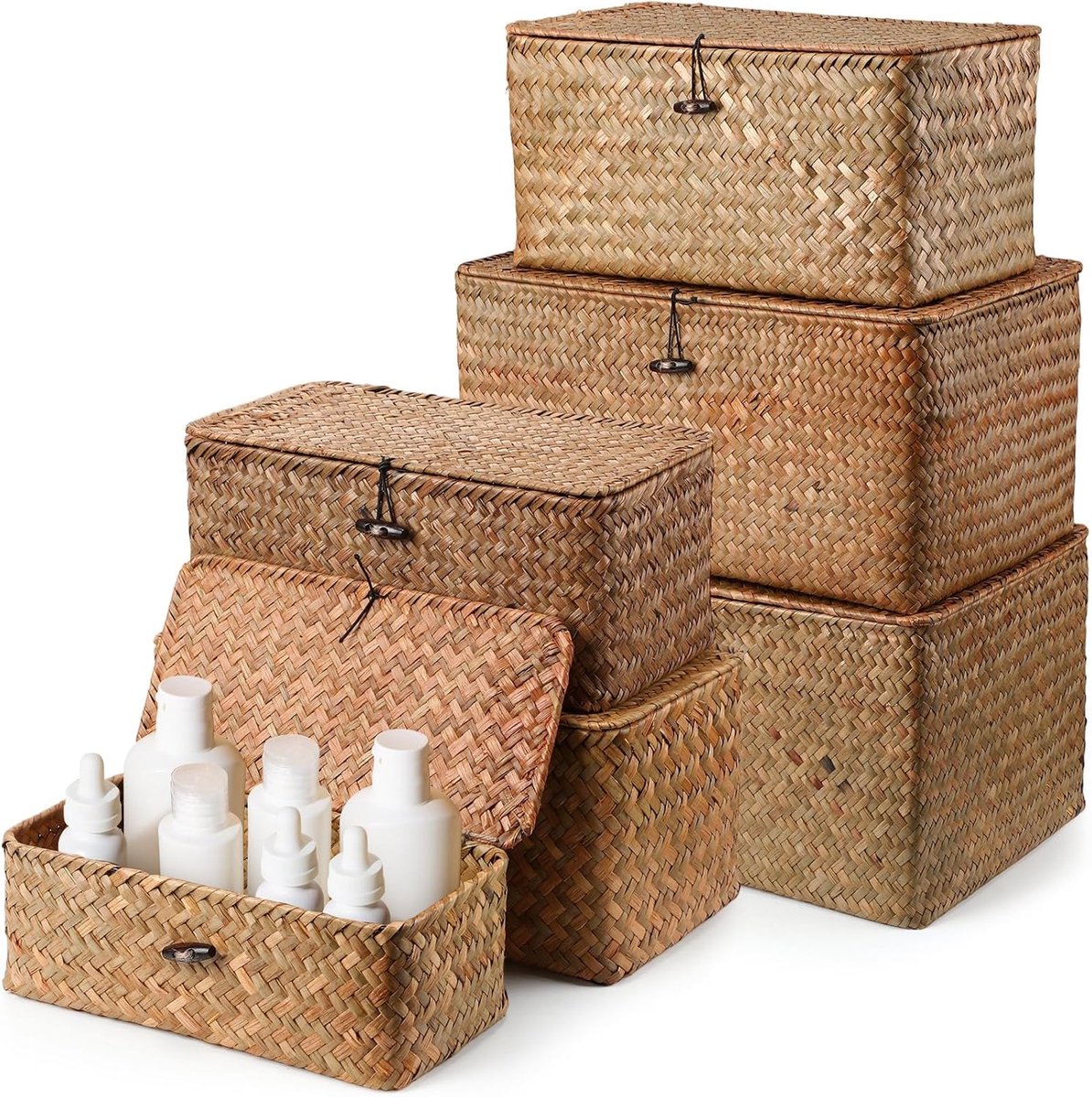 6 stuks zeegras mand met deksel rieten opbergmand decoratieve opbergdozen met deksels opbergbakken geweven organizer manden voor plank kast slaapkamer, 6 maten (donkerbruin, klassieke stijl)