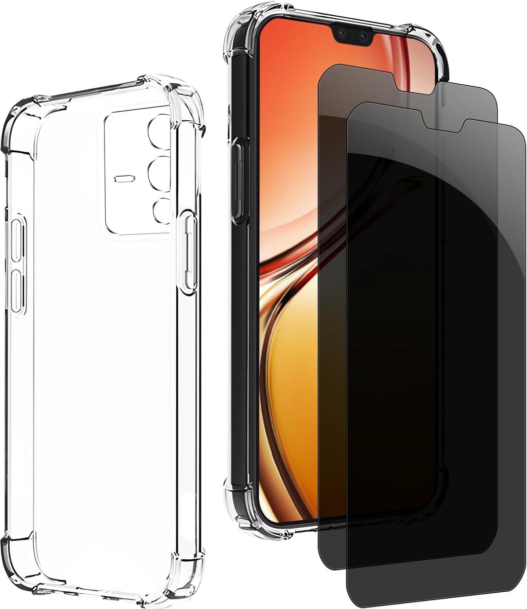 Inkijkbescherming voor Vivo V23 5 g, 1 TPU-hoes met 2 stuks pantserglas, 9H glas, anti-spy folie, transparante siliconen beschermhoes, anti-geel, slank