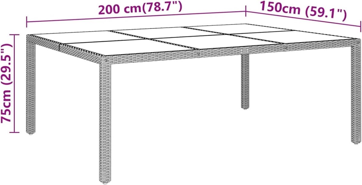 Tuintafel met bruine glasplaat, 200 x 150 x 75 cm, rotan, tuintafel, tuintafel voor buiten