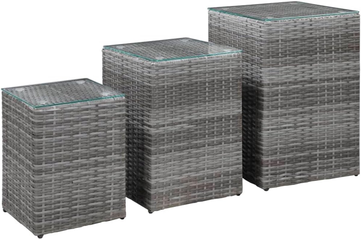 Bijzettafel voor kantoor, bijzettafel, bijzettafel, 3 stuks, met glasplaat, grijs, polyrotan, geschikt voor woonkamer, slaapkamer, studeerkamer