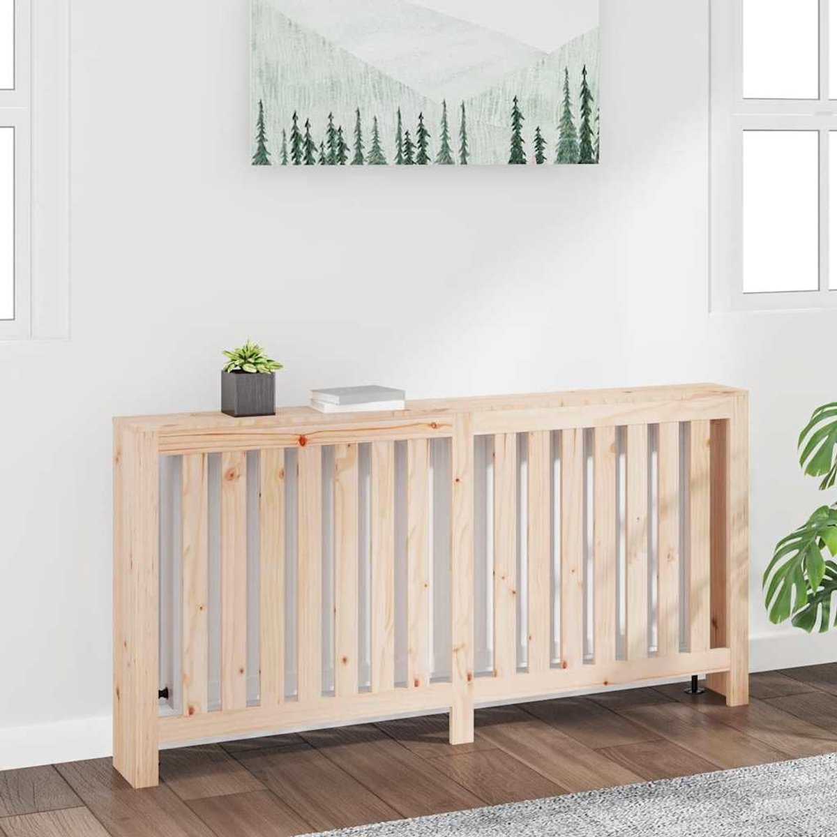 Radiatorbekleding van massief grenenhout, 169 x 19 x 84 cm, verwarmingsafdekking met plank voor boeken en decoratie, modern lamellen-design, radiatorkast
