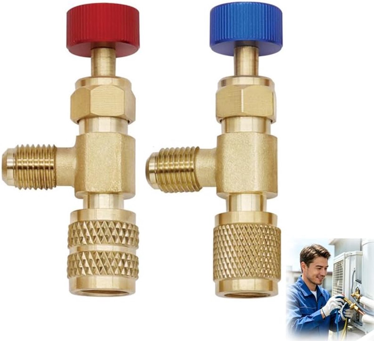 Veiligheidsadapter, stroomregelventiel, 2 stuks, messing koelmiddelveiligheidsventiel voor airconditioning, R410 R32 R22 adapter ventielverdeler voor vulslang