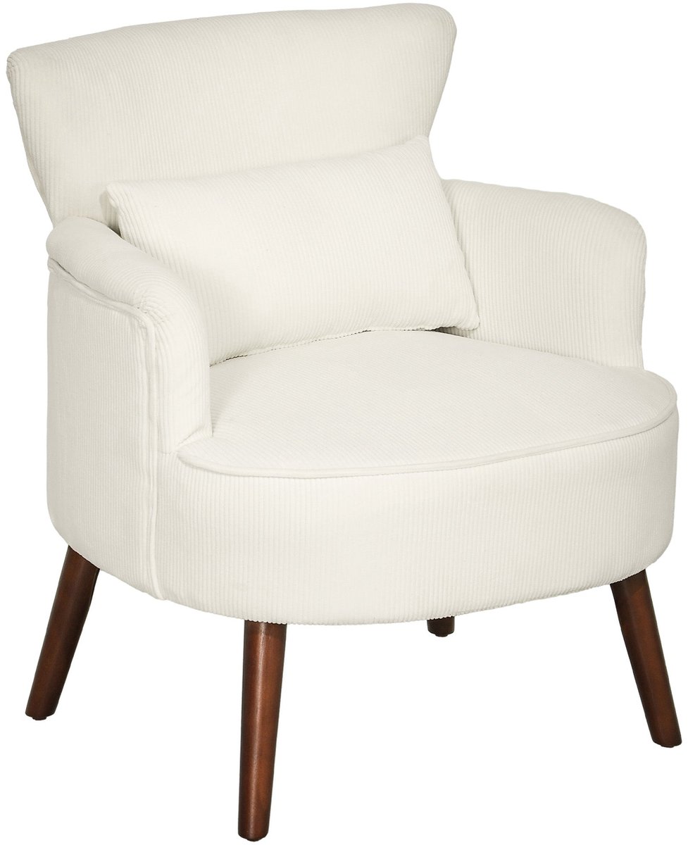Merax Fauteuil Roomwit - Gestoffeerde Leunstoel Met Ribstof Rugleuning Armleuningen Kussen En Houten Poten - Voor Woonkamer Slaapkamer En Leeshoek