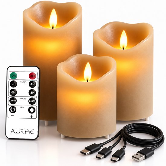Aurae Oplaadbare Led Kaarsen met Bewegende Vlam - 3x - Echte Wax - 35+ Branduren - Afstandsbediening - Flikkerende Vlam - Oplaadbaar - Timer - Kerst Kaarsen