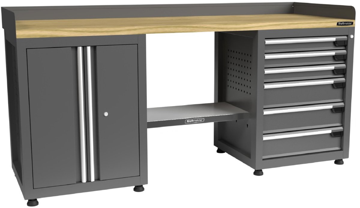 Kraftmeister werkbank 200 cm - Werktafel met 6 laden, 1 opbergkast en eiken werkblad - Grijs