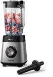 Philips blender met roestvrijstalen behuizing, glazen kan gevuld met fruit en ijs, en een zwarte stamper.