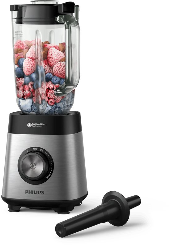 Philips blender met roestvrijstalen behuizing, glazen kan gevuld met fruit en ijs, en een zwarte stamper.