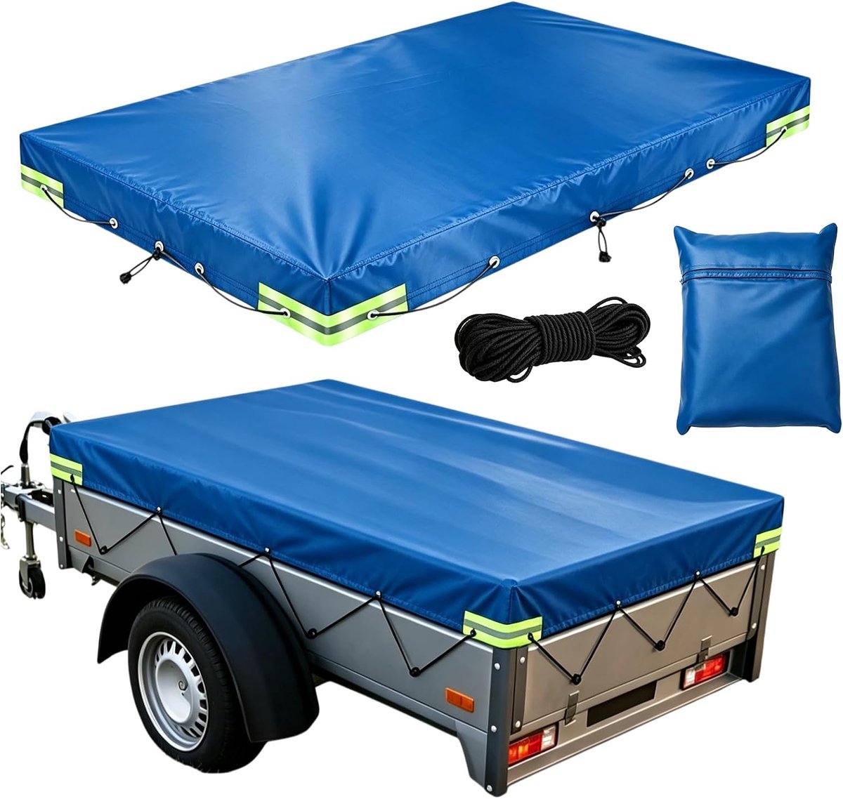 Aanhangerzeil 209 x 115 x 10 cm: 420D Oxford aanhangerzeil plat zeil met 8 m zeiltouw, waterdicht dekzeil voor aanhangers met reflecterende strepen voor 750 kg personenaanhanger (blauw)