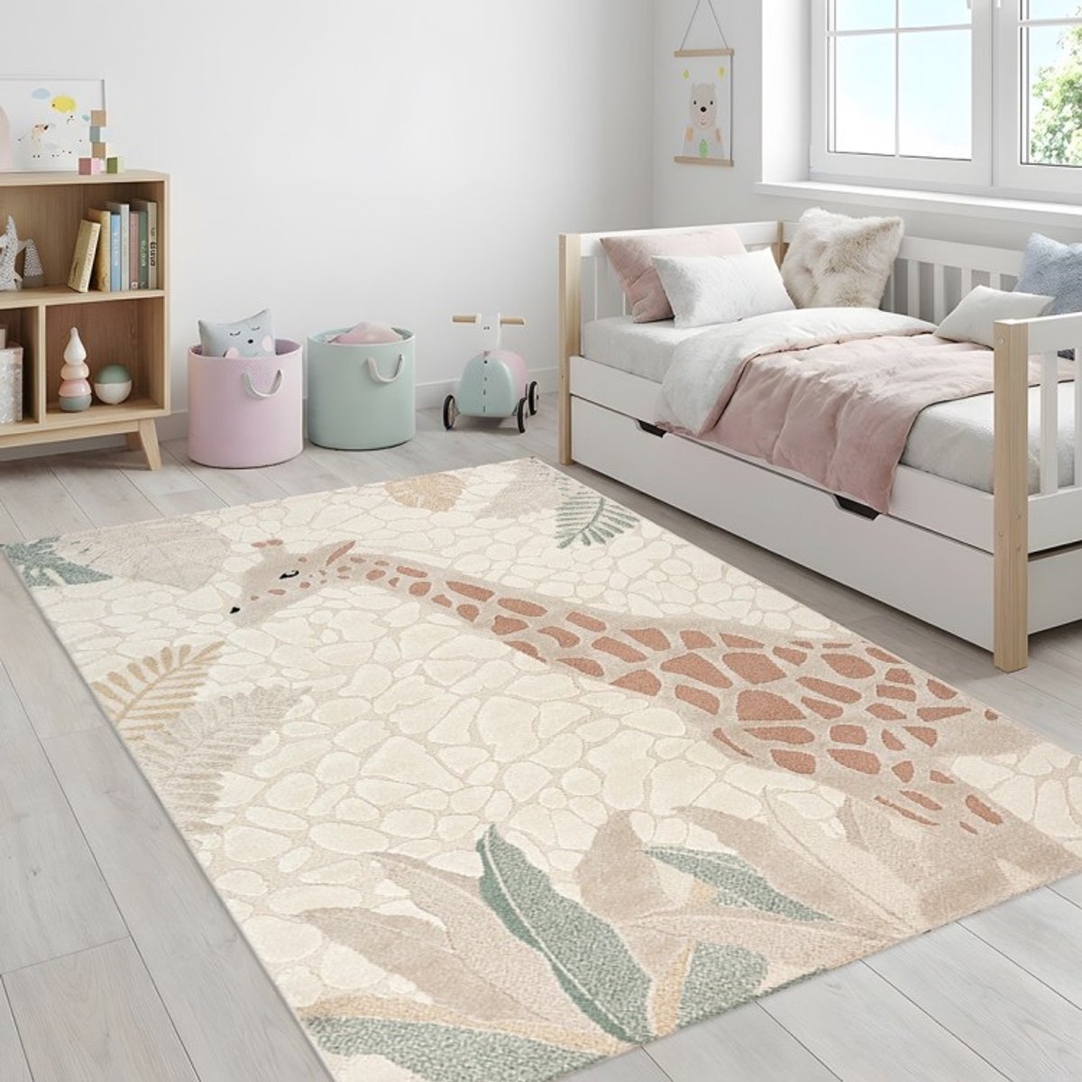 TapisTrend Kinderkleed Crème 80x150 cm met giraffen en tropisch blad in reliëf voor slaapkamer en speelruimte Beige