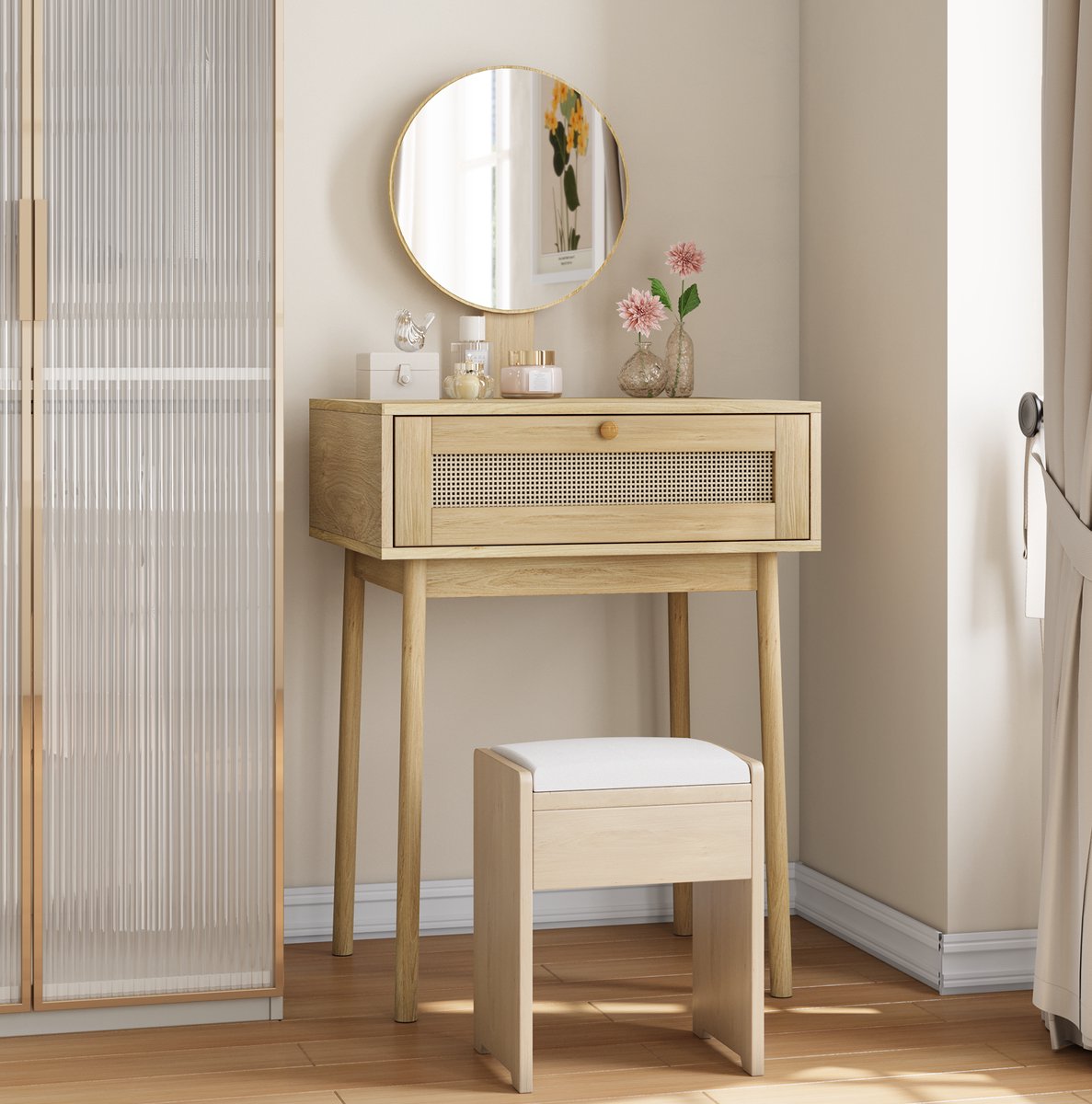 REDOM Kaptafel met spiegel - Rotan decor - 1 lade - Bohemian stijl - Slaapkamer - MDF en glas - Eiken - 60 x 50 x 128 cm Oak