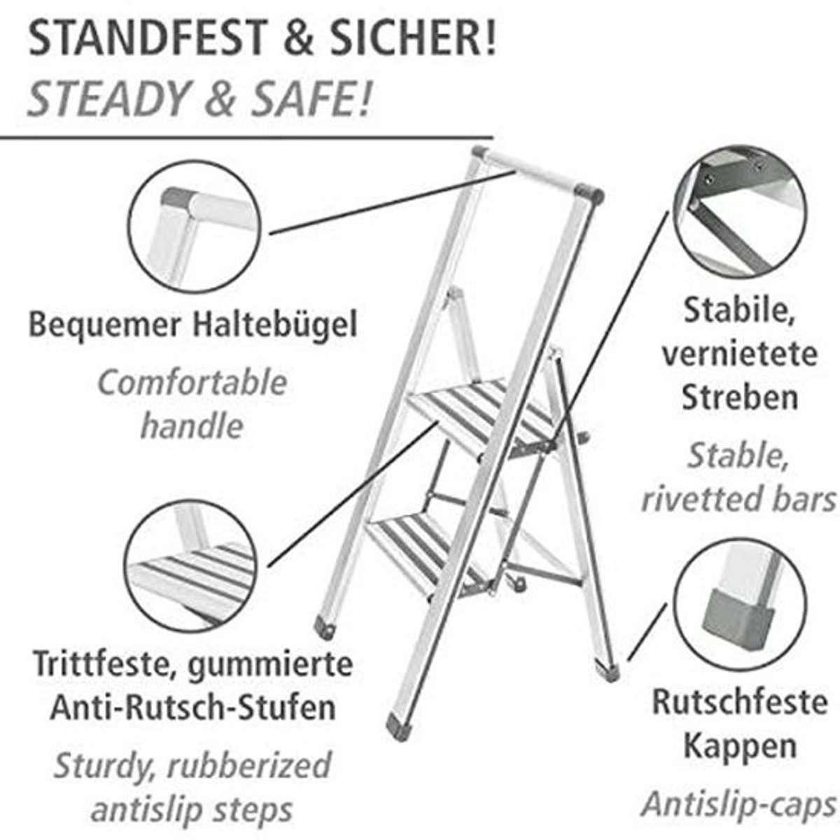 Aluminium trapladder - 2 treden - Met antislip-XXL-treden voor veiligheid