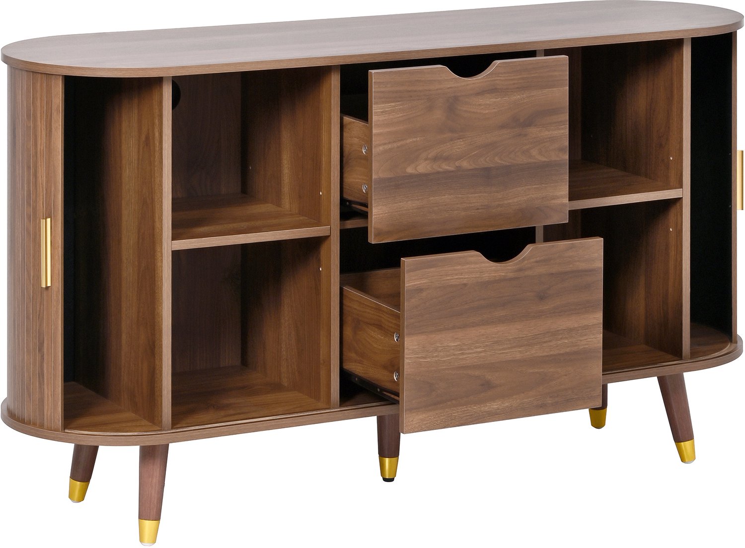 Ropilly Dressoir - 140 x 40 x 79,5 cm - Met twee schuifdeuren, twee lades en open legplanken - MDF in walnootkleur - Voor woonkamer en eetkamer