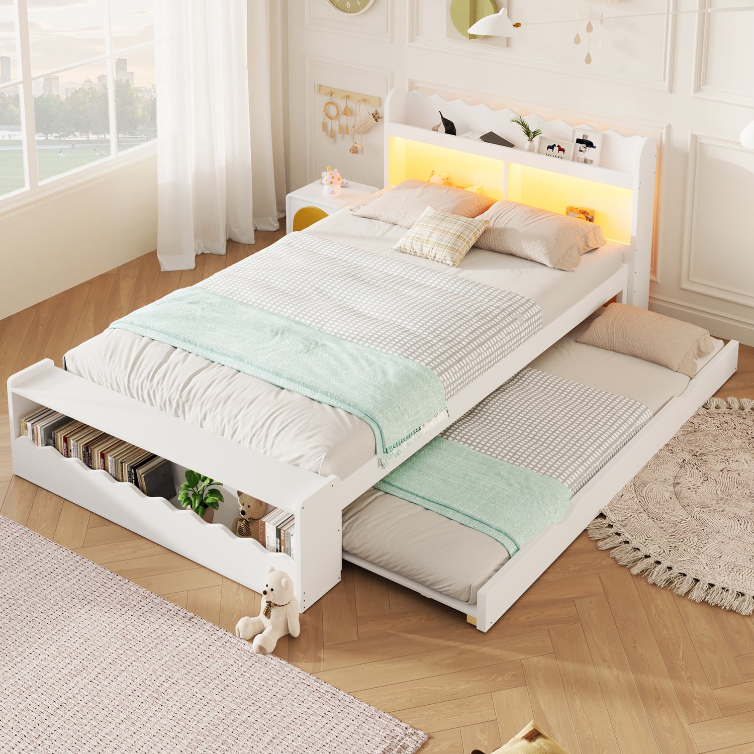 Sweiko Eenpersoonsbed - 90 x 200 cm - Houten bedframe - Opbergruimte - Met uitschuifbaar bed - LED-verlichting - Wit