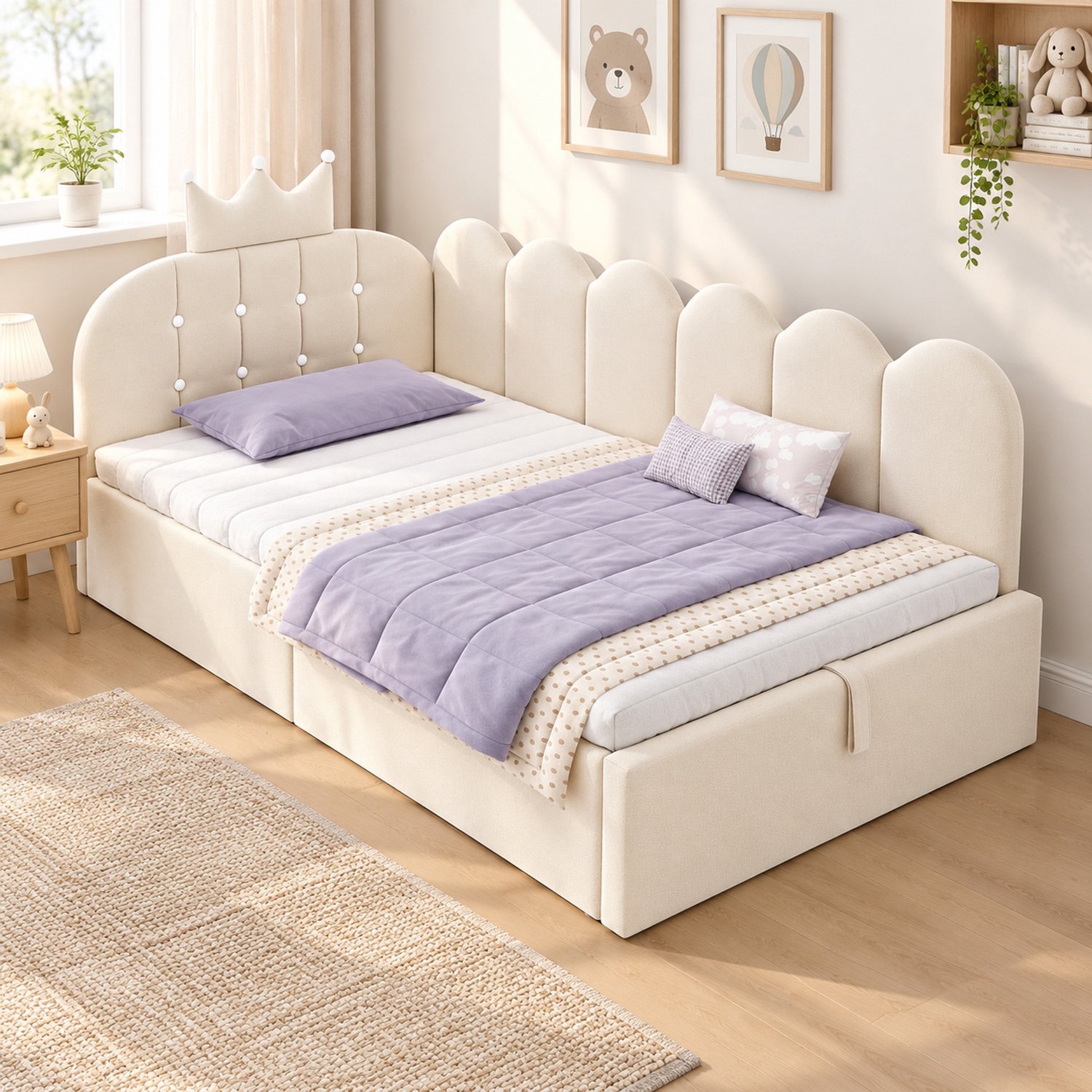 MIVRAY Daybed 90x200 cm - L Vorm Met Opbergruimte En Verwisselbare Zijde - Zonder Matras - Fluweel - Beige