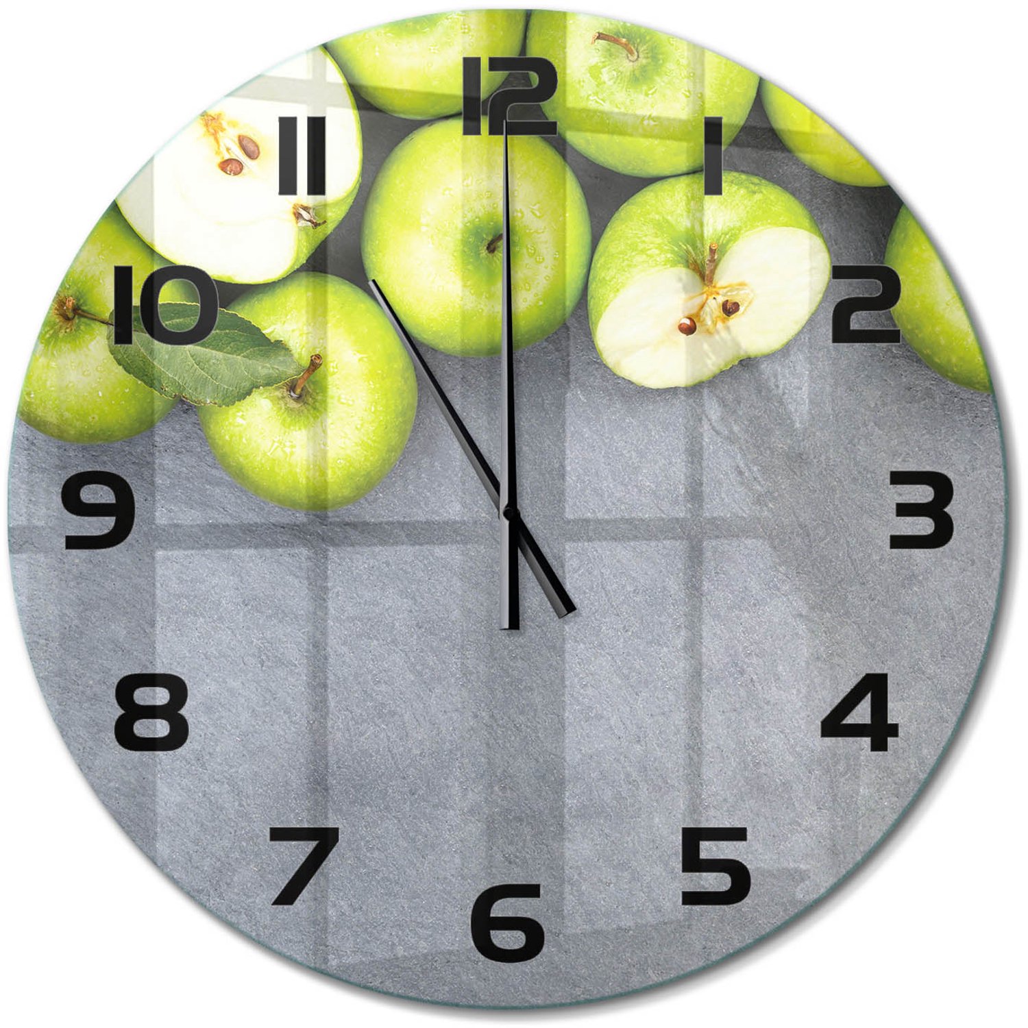 TULUP Wandklok - Groene appels Glazen Wandklok Design - fi60 cm - Groente Klok Glas Met Opdruk - Zwarte handen - Ronde Klok - Wandklok Glas Met Motief - Decoratieve Glazen Klok