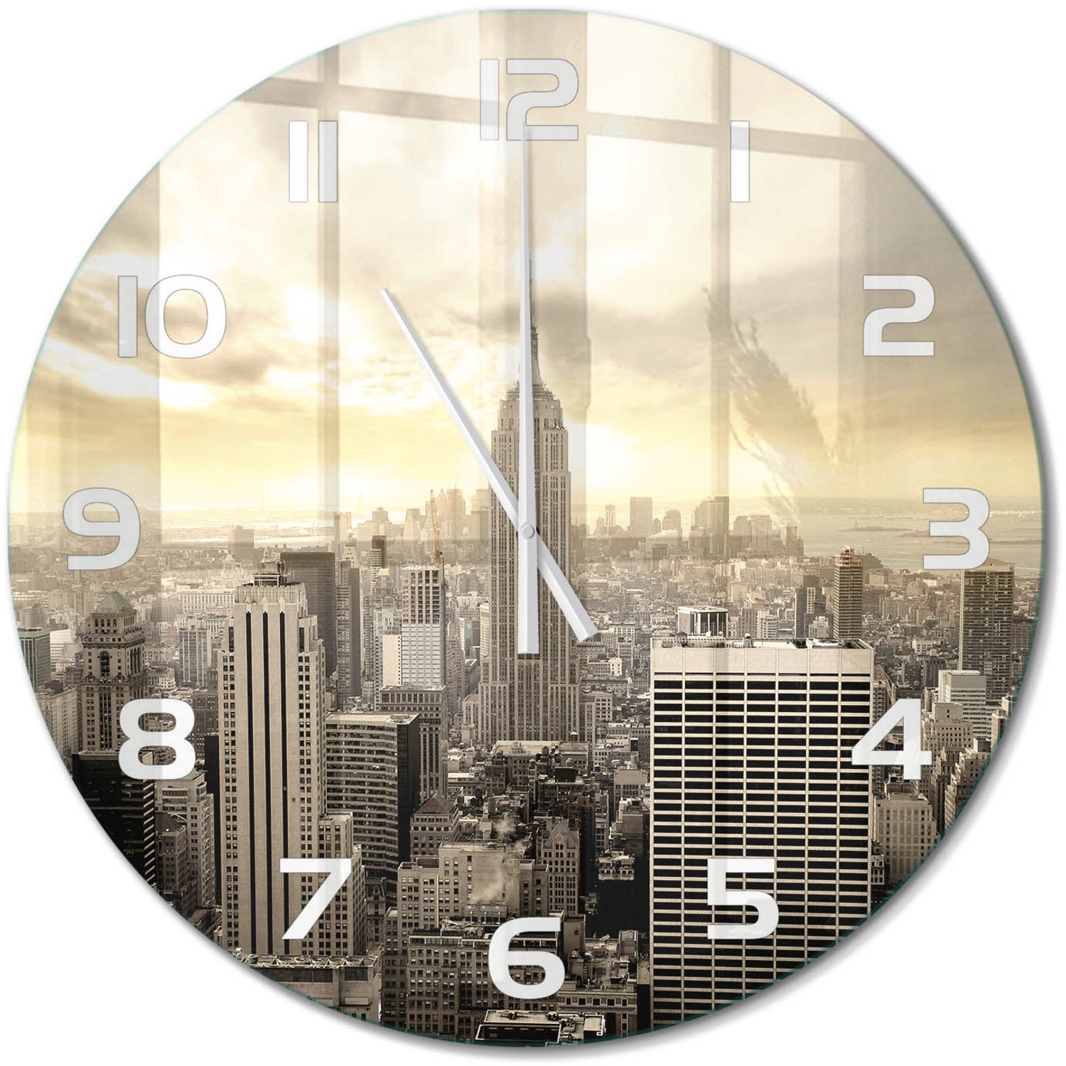 TULUP Wandklok - Manhattan, New York Wandklok Glas Decoratie - fi60 cm - Beige Gekleurde Glazen Klok - Witte handen - Ronde Klok - Klok Glas Met Opdruk - Moderne Wandklok Glas