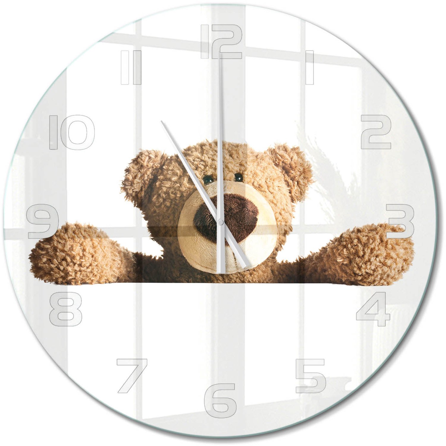 TULUP Wandklok - Beer Decoratieve Glazen Klok - fi60 cm - Bruin Glazen Wandklok Design - Witte handen - Ronde Klok - Glazen Klok Met Print - Wandklok Glas Met Motief