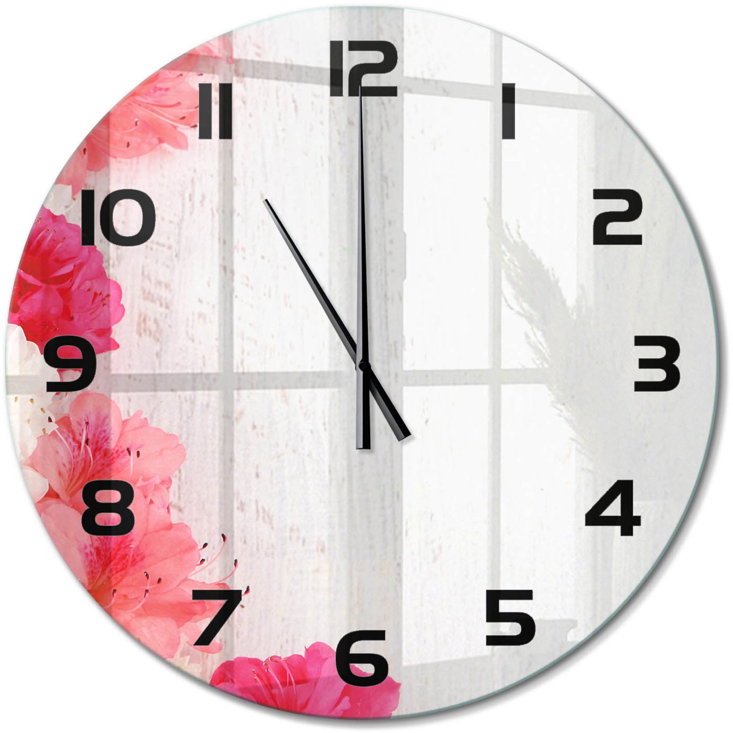 TULUP Wandklok - Bloemen Glazen Klok Met Print - fi60 cm - Roze Wandklok Glas Met Motief - Zwarte handen - Ronde Klok - Wandklok Glas Decoratie - Gekleurde Glazen Klok