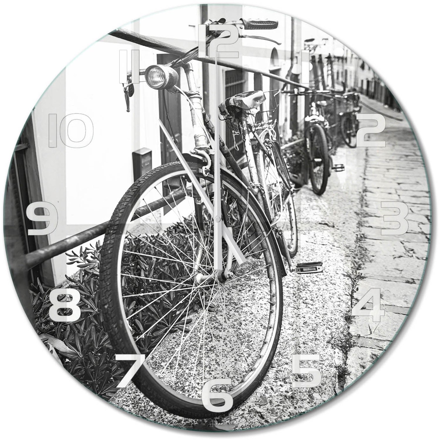 TULUP Wandklok - Stadsfietsen Glazen Klok Met Print - fi60 cm - Zwart-wit Wandklok Glas Met Motief - Witte handen - Ronde Klok - Wandklok Glas Decoratie - Gekleurde Glazen Klok
